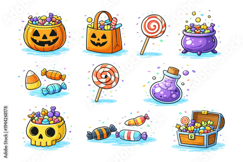 Colorful halloween candy and treats collection with cauldrons and pumpkins.