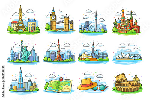 Iconic world landmarks: hand-drawn illustrations of famous monuments.