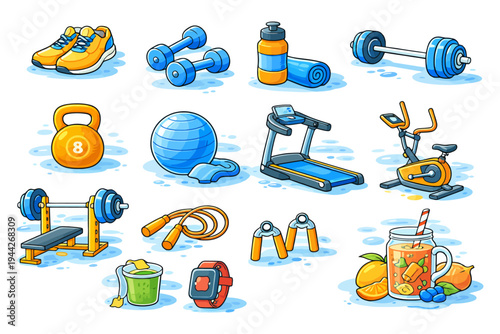 Illustrated fitness equipment collection with shoes, dumbbells, treadmill, and refreshing juice.