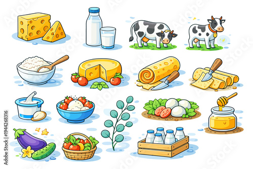Cartoon dairy products and farm vegetables assortment with milk cheese and fresh produce.