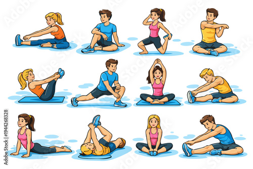 Cartoon men and women exercising with stretching and yoga poses.