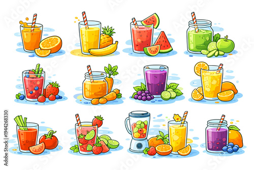 Colorful fresh fruit and vegetable smoothies with juicers and ingredients.