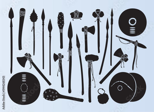 Collection of ancient tribal weapons and shields in silhouette style