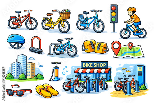 Colorful bicycles and accessories with cartoon male cyclist at bike shop.