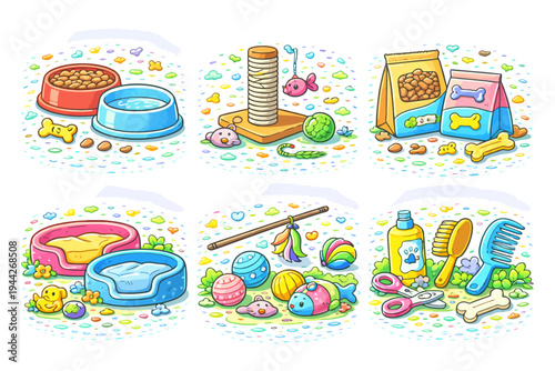 Colorful pet supplies collection for cats and dogs: food, toys, grooming essentials.