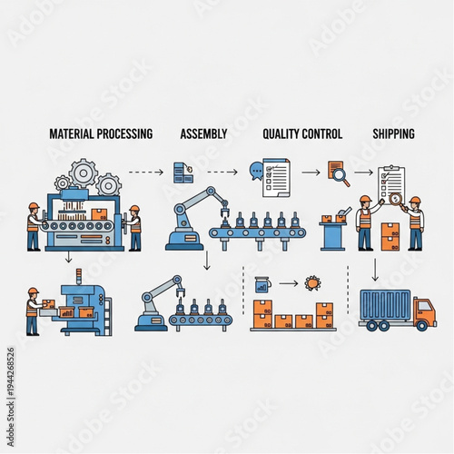 Manufacturing Process Workflow Stages Infographic Illustration.