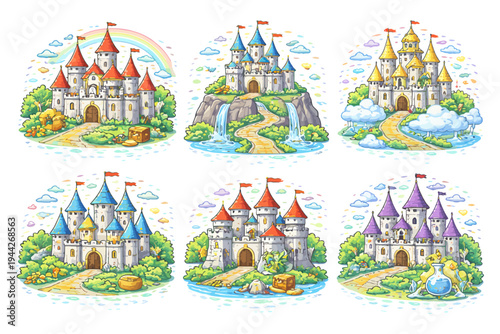 Whimsical fantasy castles with towers, gardens, and waterfalls.