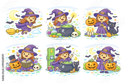 Cute young witch in purple hat casting spells and making potions for halloween fun.