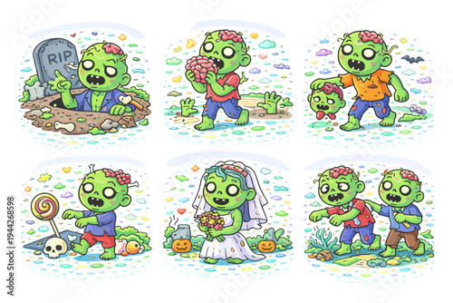 Cartoon zombie characters in various humorous situations.