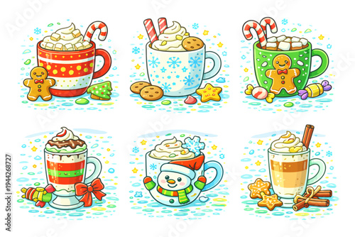 Festive holiday mugs with hot cocoa, whipped cream, candy canes, gingerbread.