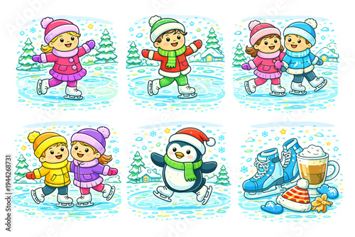 Children and penguin ice skating fun in winter wonderland.