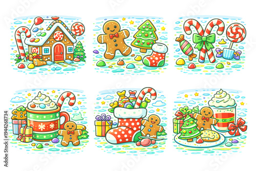 Festive christmas gingerbread house and cookies scene with candy canes and gifts.