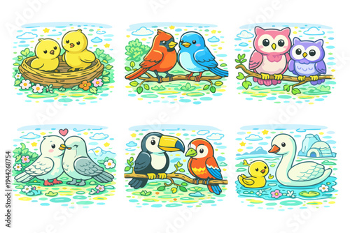Colorful cartoon birds with cute baby animals in nature scenes.