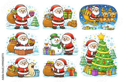 Festive santa claus celebrations with gifts and reindeer in holiday scenes.