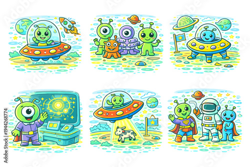 Cute aliens engaging with spaceships, astronauts, and space adventures in cartoon style.