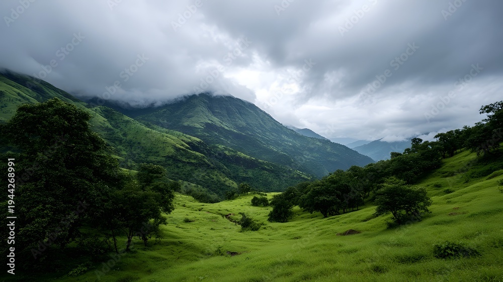 Fototapeta premium A breathtaking panoramic view of lush green rolling hills and dramatic cloudy mountains under an overcast sky