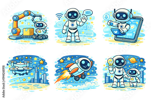 Cute cartoon robots engaging in space adventures and technology activities.