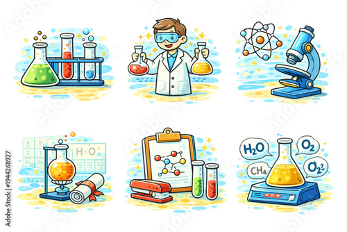 Cartoon science set with young caucasian male scientist and lab equipment.