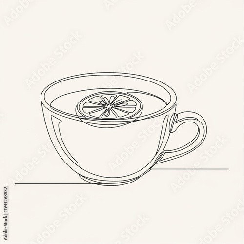 Line Art Illustration of Tea Cup with Lemon.