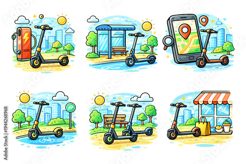 Urban scooter rentals and charging stations in city parks and streets.