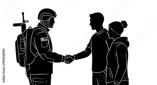 Soldier shaking hands with civilians.