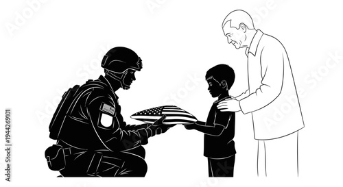 Soldier giving book to a child.