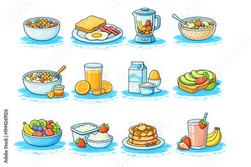Colorful breakfast foods collection featuring cereal, eggs, smoothies, and pancakes.