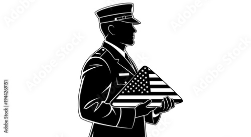 American soldier holding folded flag.