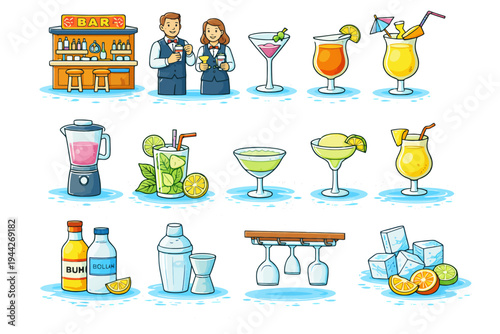 Cartoon bar scene with drinks and glassware, male and female bartenders, various cocktails and ingredients.