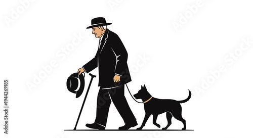 An elderly man walking his dog.