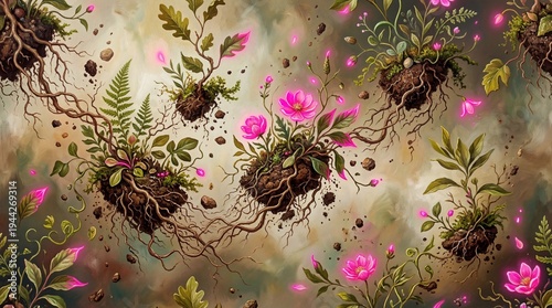 Seamless botanical roots and flowers floating soil pattern