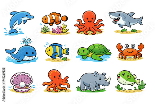Colorful cartoon sea creatures set: fish, dolphins, whales, turtles, and more.