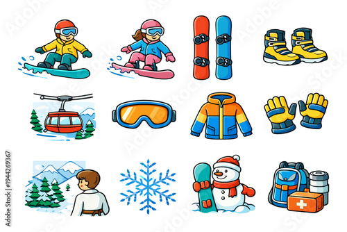 Winter sports equipment and activities with snowboarding and skiing gear illustrations.