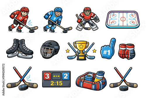 Ice hockey icons: players, gear, and rink elements for sport enthusiasts.