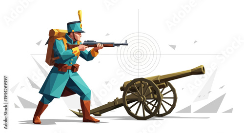 Soldier in blue uniform aiming rifle next to cannon.