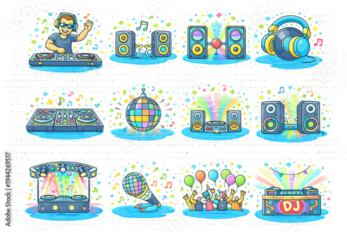 Colorful dj and music party icons set: dj, speakers, disco ball, headphones, dance party.