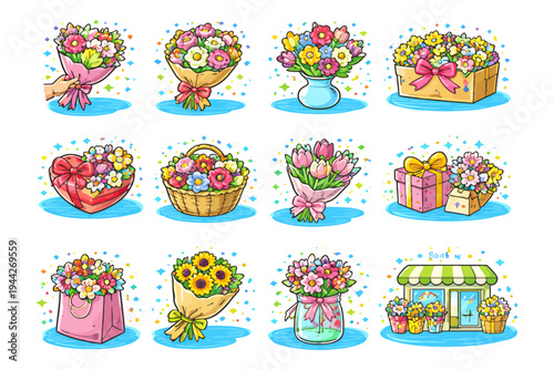 Colorful floral arrangements and gift bouquets in various containers.