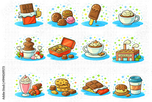 Delicious chocolate treats and desserts collection illustrated with fun characters.