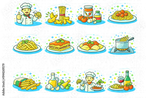 Cartoon icons of italian food including pasta, lasagna, ravioli, and chef.