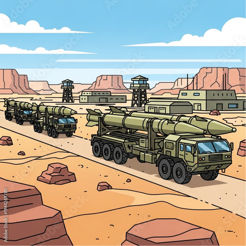 Military Trucks with Missiles in Desert Landscape.