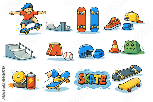Colorful skateboarding elements and accessories for kids and teens.