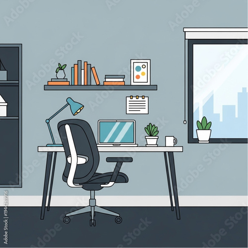 Modern Office Desk with Computer and Chair.