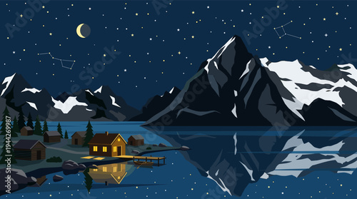 Serene illustration depicts a lakeside cabin with mountains under a starry night and crescent moon, reflecting in the water. Calm, peaceful, use for travel, vacation, recreation concepts.