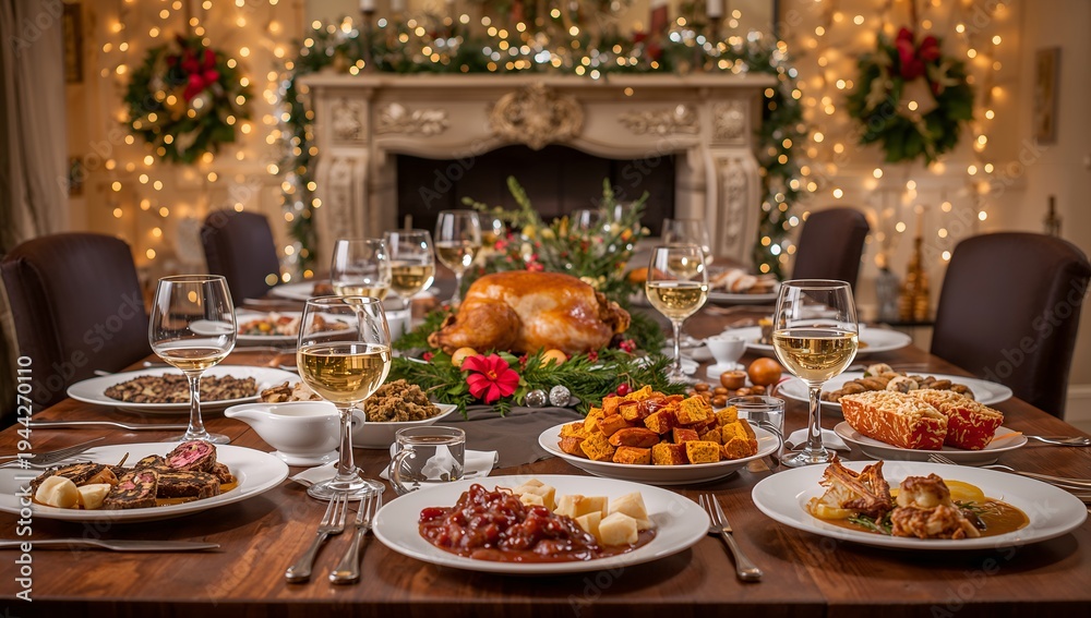 Fototapeta premium Festive Christmas dinner table set for a holiday celebration, featuring roasted turkey, multiple dishes, and sparkling lights