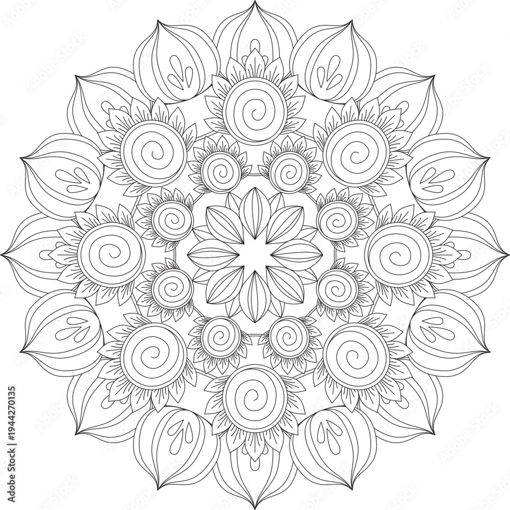 Fototapeta premium Intricate Zen Pattern Mandala Art with Floral Elements Spiral Swirl for Peaceful Zenpattern