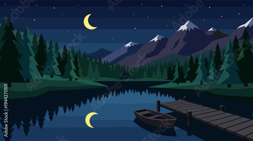 Nighttime illustration showcases a tranquil lake with a boat tied to a wooden pier, surrounded by a dark forest and distant snow-capped mountains, illuminated by a crescent moon.