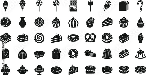 Set of Dessert Icons Including Ice Cream, Lollipops, Cakes, Donuts, and Pastries, Perfect for Food and Sweets Designs