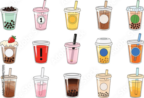 Collection of Boba Tea Cups with Various Flavors and Toppings, Perfect for Beverage and Drink Themed Designs