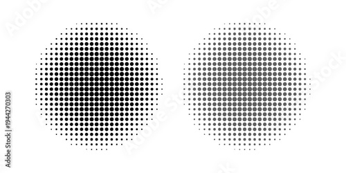Set of halftone dots gradient pattern texture isolated on white background. Straight dotted spots using halftone circle dot raster texture.