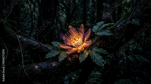 Glowing exotic jungle flower blooming at night in dark rainforest